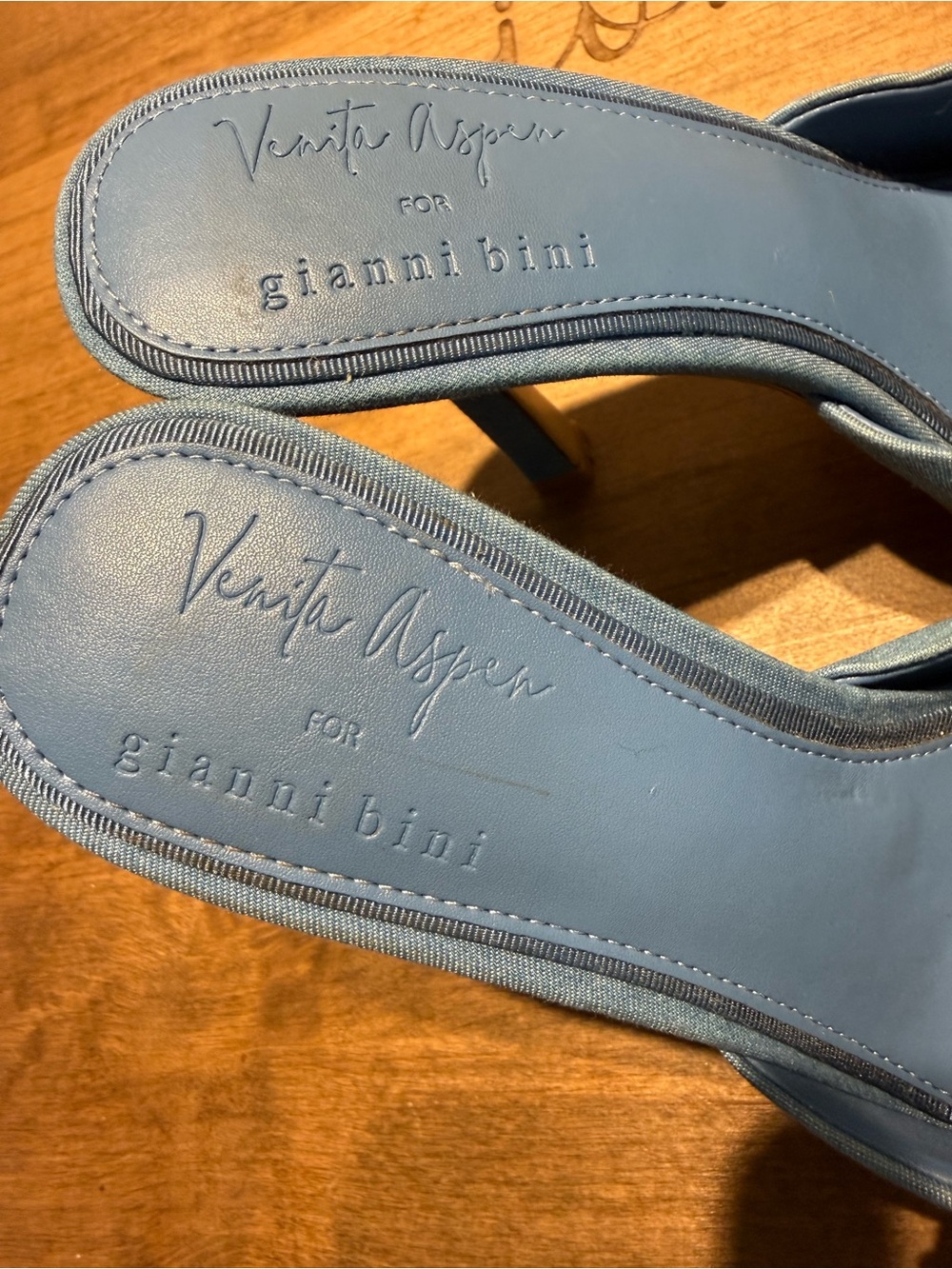 Gianni Bini Blue Pearl-Trim Ruffle Slide Heels - Picture 4 of 6